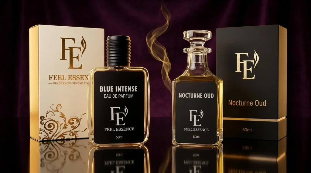 Blue Intense and Nocturne Oud perfume bottles by FEEL ESSENCE with golden smoke