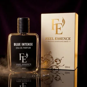 Blue Intense Eau de Parfum 50ml bottle with white and gold FEEL ESSENCE box